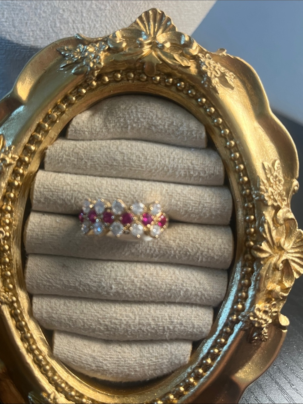 Elegant Pink and White Gemstone Cluster Ring - Gold Tone
